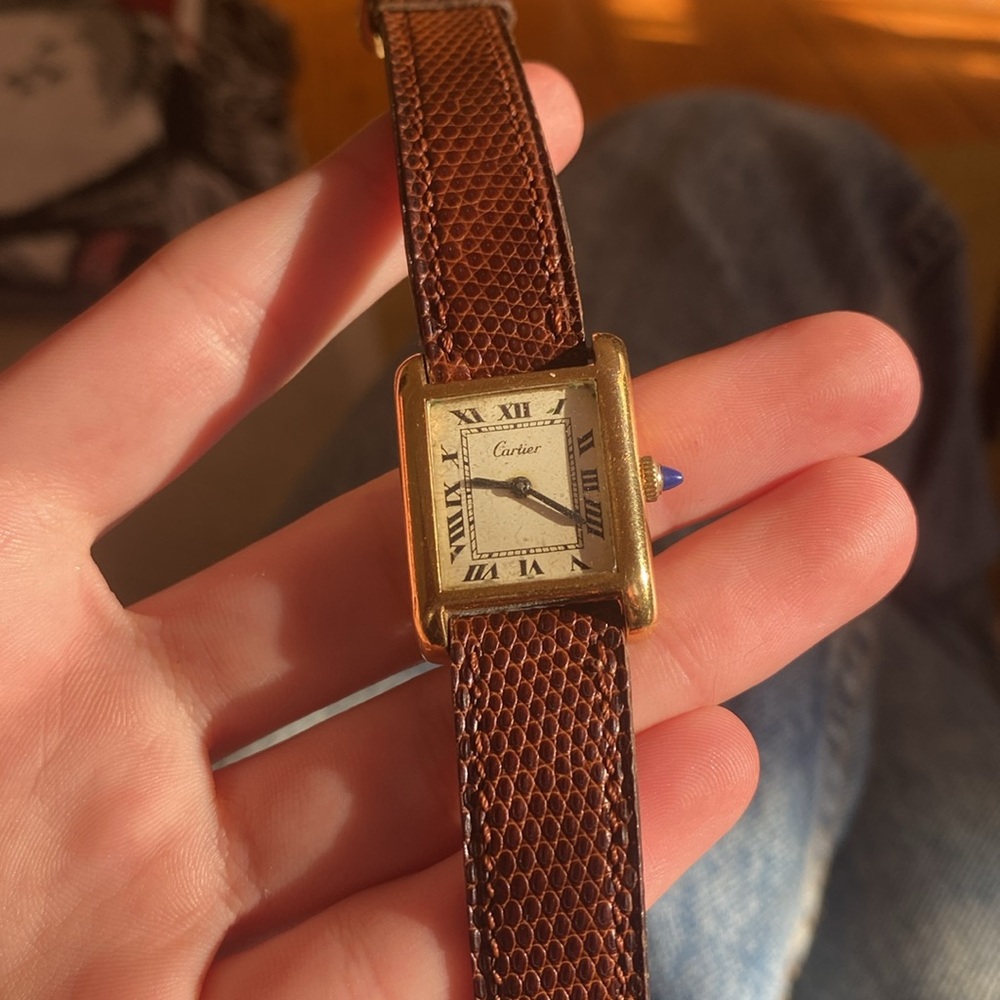 Cartier Women's Watch with Brown Strap and Gold Case